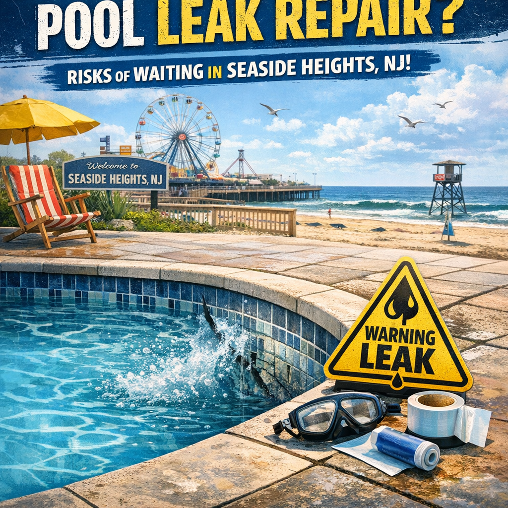 Warning sign about delaying inground pool leak repair with seaside beach and ocean in Seaside Heights, NJ.