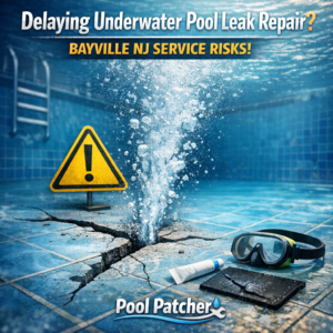 Diver performing underwater pool leak repair in Bayville, NJ using specialized tools and Pool Patcher solutions.