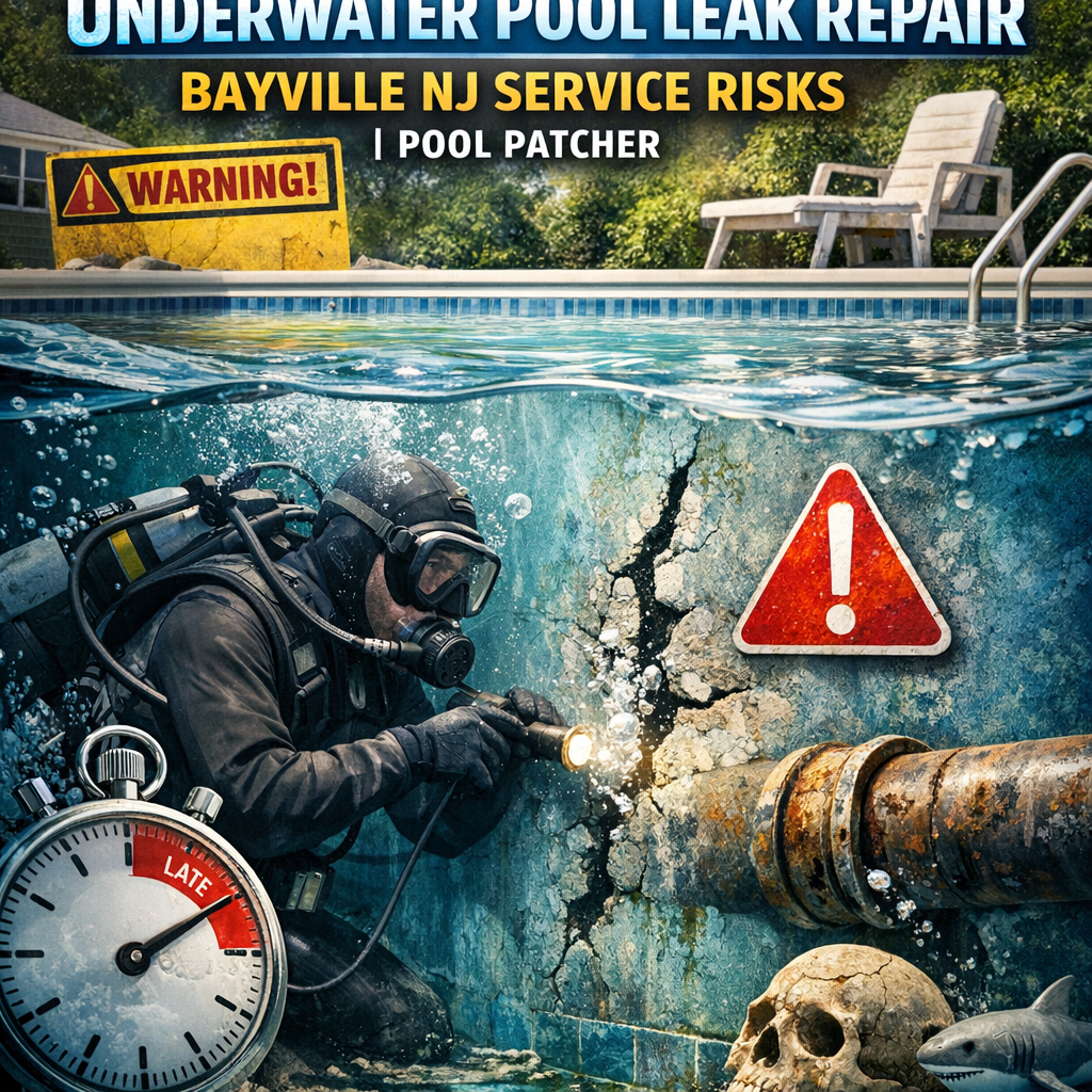 Technician performing underwater pool leak repair in Bayville NJ, using tools to patch pool floor safely.
