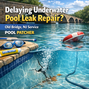 Technician repairing an underwater pool leak using Pool Patcher equipment in Old Bridge, NJ.