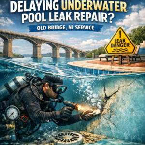 Professional diver inspects and repairs underwater pool leak near an old bridge in Old Bridge, NJ.