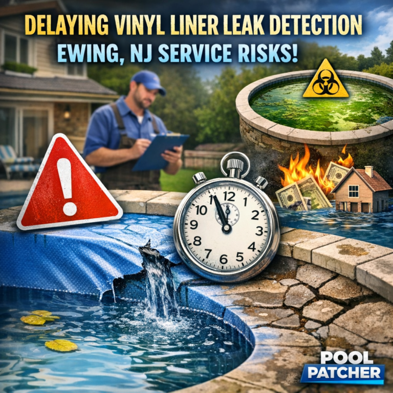 Diagram showing risks and delays in detecting vinyl liner pool leaks with urgent repair warnings in Ewing, NJ.