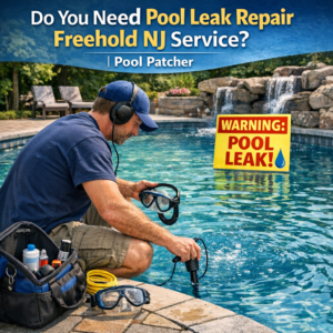 Technician applying a patch to repair a pool leak, ensuring a smooth water surface in Freehold, NJ.