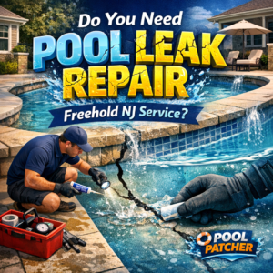 Professional pool leak repair service offered in Freehold, NJ by Pool Patcher with tools and pool background.