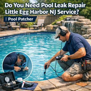 Technician repairing a pool leak, using tools beside a residential swimming pool in Little Egg Harbor, NJ.