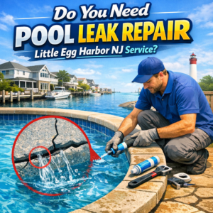 Technician inspecting a backyard pool for leaks using specialized equipment in Little Egg Harbor, NJ.