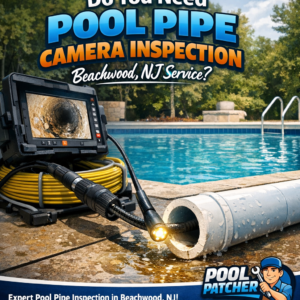 Technician performing a pool pipe camera inspection to check pipes during pool maintenance in Beachwood, NJ.