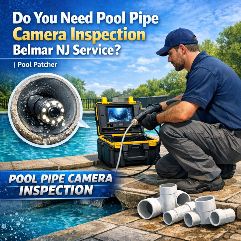 Technician performing a pool pipe camera inspection using specialized equipment at a residential pool in Belmar, NJ.