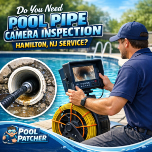 Technician performing pool pipe camera inspection with specialized equipment in Hamilton, NJ.