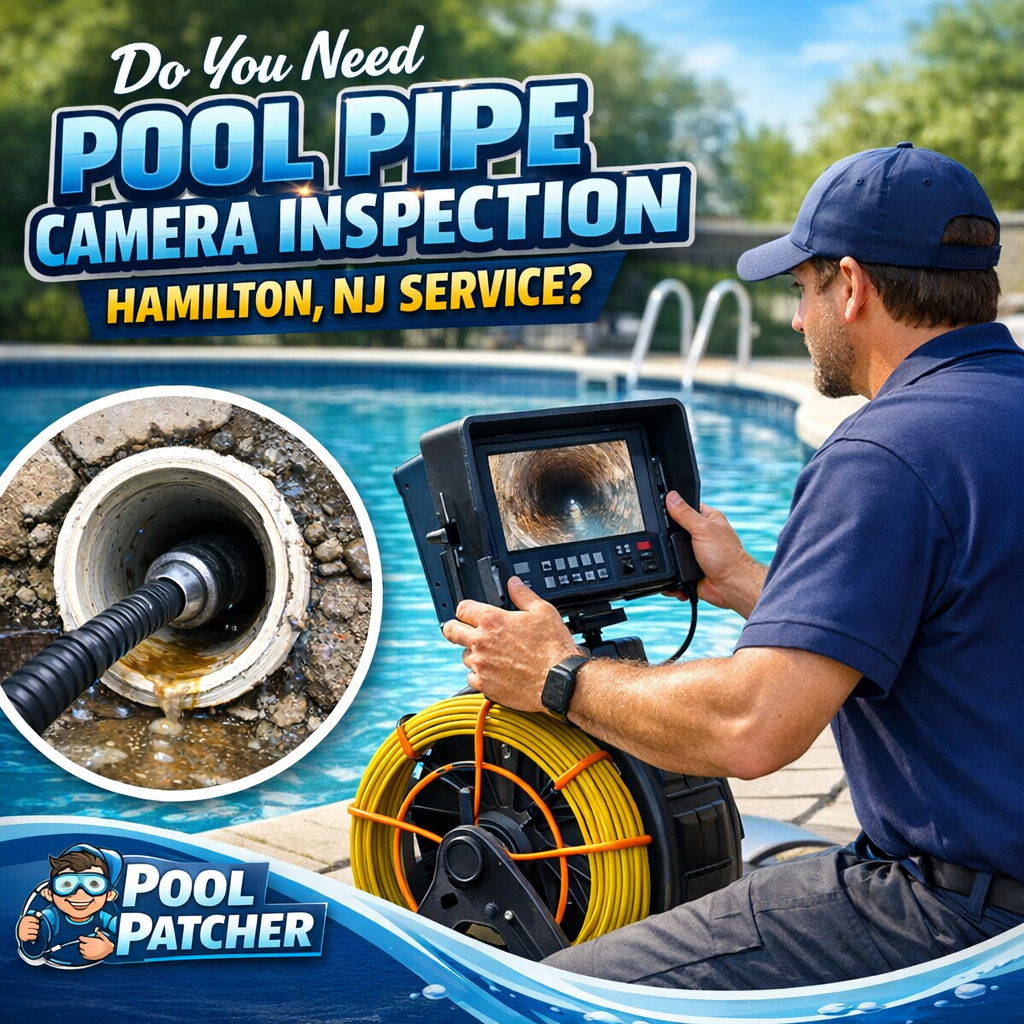 Technician performing pool pipe camera inspection with specialized equipment in Hamilton, NJ.