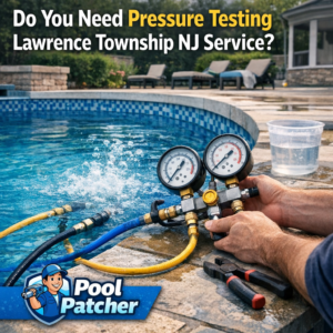 Technician performing pressure testing on pool plumbing in a residential backyard in Lawrence Township, NJ.