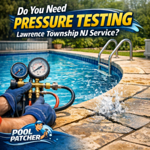 Technician performing pool pressure testing on pipes with specialized equipment in Lawrence Township, NJ.