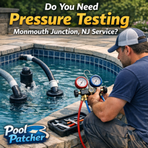 Technician performing professional pool pressure testing on pipes at a residential pool in Monmouth Junction, NJ.