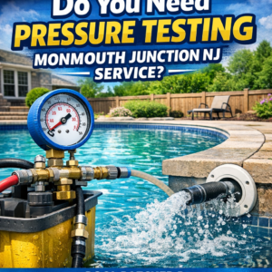 Technician performing pressure testing on a swimming pool system in Monmouth Junction, NJ.