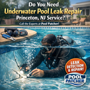 Technician in scuba gear repairing an underwater pool leak in a residential pool in Princeton, NJ.