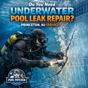 Technician performing underwater pool leak repair in a residential pool in Princeton, NJ.