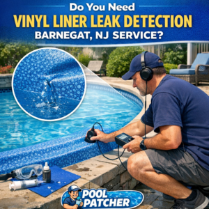 Technician performing vinyl liner leak detection on a residential pool in Barnegat, NJ.