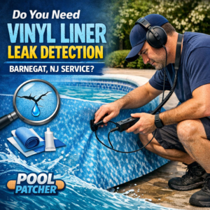 Technician using leak detection equipment on a vinyl liner pool in Barnegat, NJ.