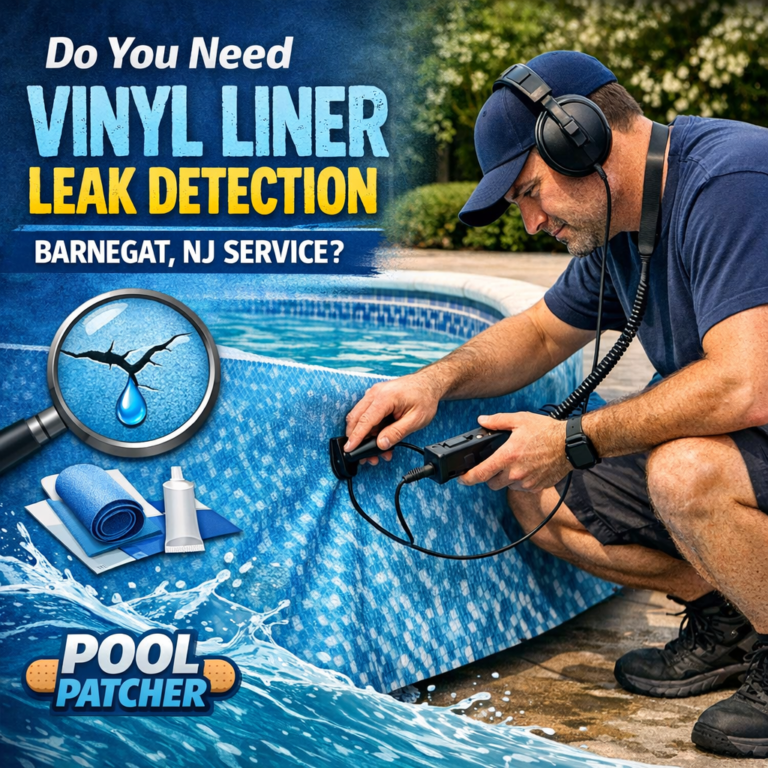 Technician using leak detection equipment on a vinyl liner pool in Barnegat, NJ.