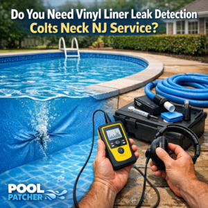 Technician inspecting a vinyl pool liner for leaks using specialized detection equipment in Colts Neck, NJ.