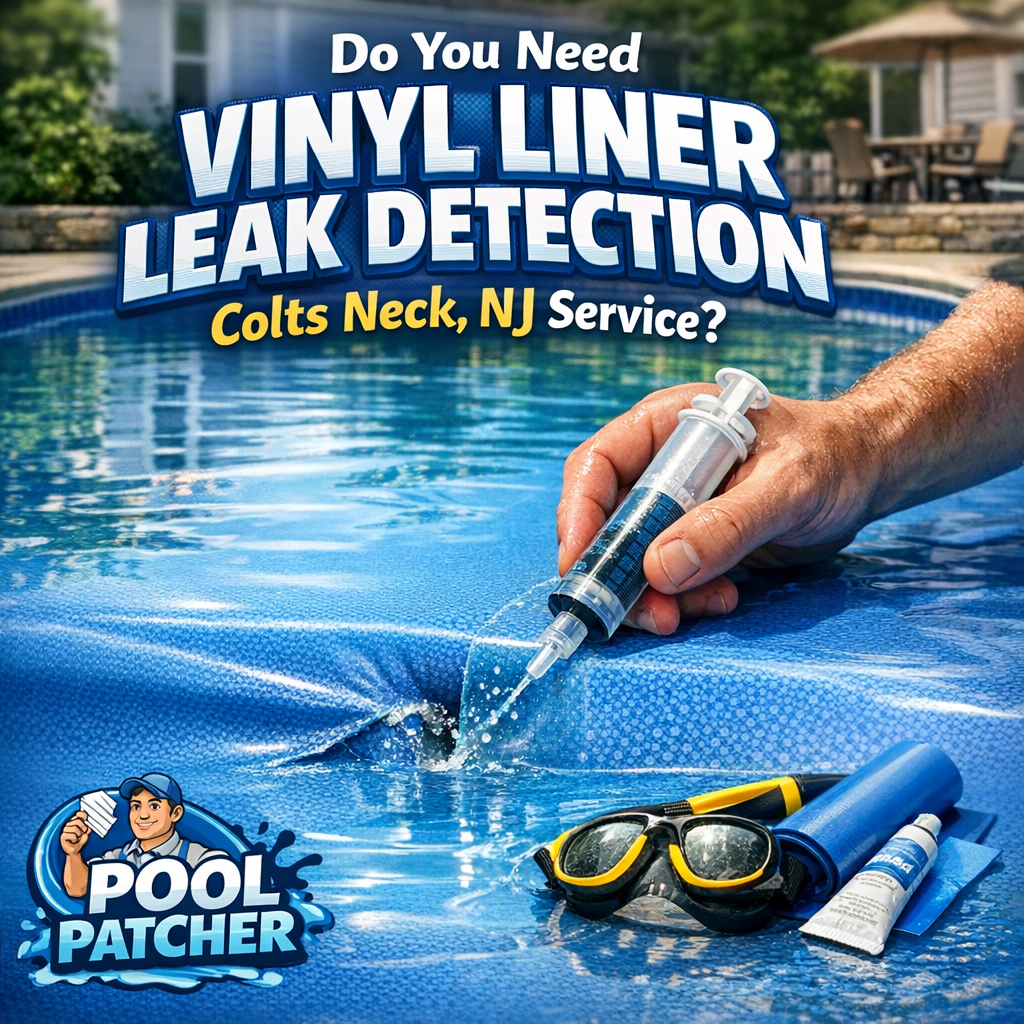 Technician inspecting a vinyl pool liner for leaks with specialized equipment in Colts Neck, NJ.