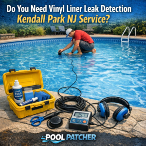 Technician inspecting a swimming pool vinyl liner for leaks during leak detection service in Kendall Park, NJ.