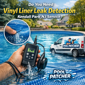 Technician inspecting a pool vinyl liner for leaks with specialized equipment in Kendall Park, NJ.
