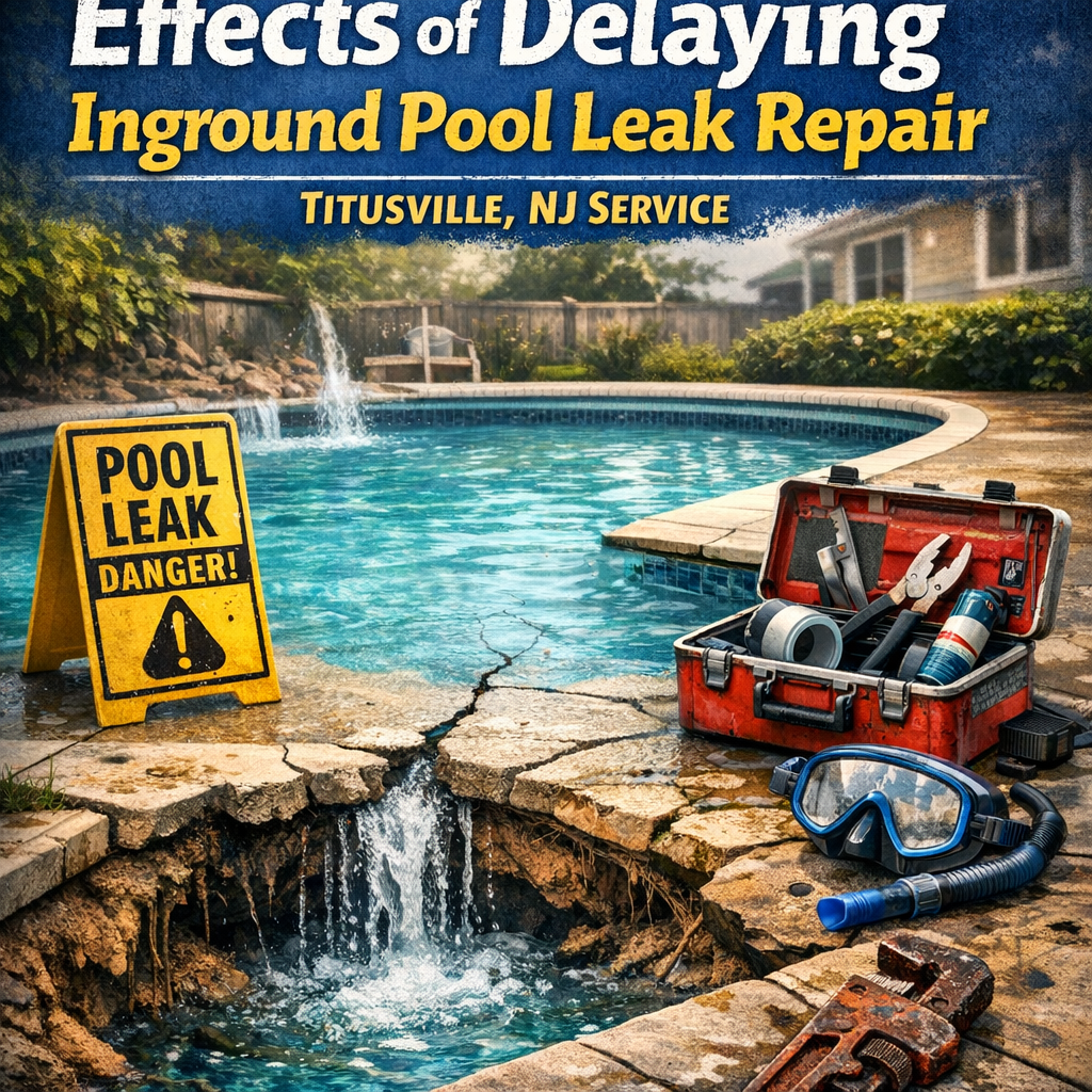 Cracked pool deck with tools and warning sign illustrating delayed inground pool leak repair effects in Titusville, NJ.