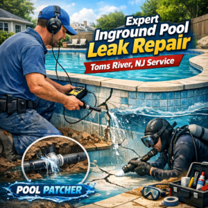Technician repairing an inground pool leak with tools at a residential backyard in Toms River, NJ.