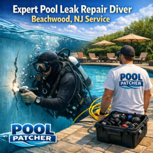 Diver repairing a pool leak underwater with equipment, providing expert service in Beachwood, NJ.