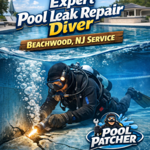 Diver inspecting and repairing a swimming pool leak underwater in Beachwood, NJ.