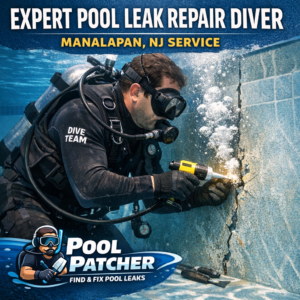 Diver in wetsuit repairing underwater pool leak using specialized tools in clear water.