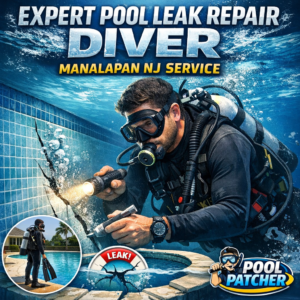 Underwater diver repairing a pool leak using specialized tools in Manalapan, NJ.