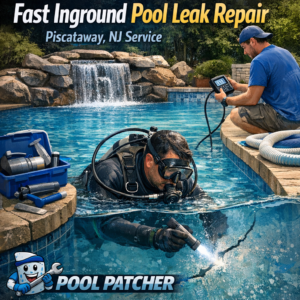 Technician performs underwater inspection during pool leak repair in Piscataway, NJ.