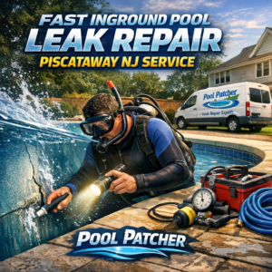 Technician repairing an inground pool leak with specialized equipment in Piscataway, NJ.