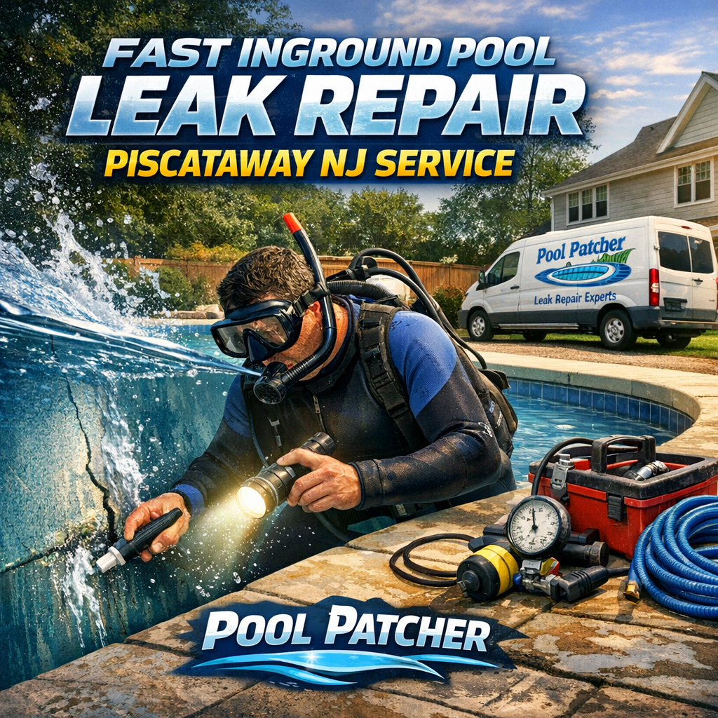 Technician repairing an inground pool leak with specialized equipment in Piscataway, NJ.