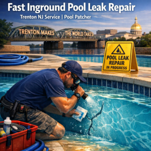 Technician quickly repairing a leak in an inground pool in Trenton, NJ using a professional pool patch.