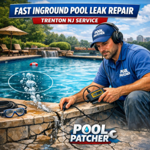 Technician repairing an inground pool leak with professional tools in Trenton, NJ.