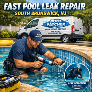 Technician applying a patch to repair a pool leak, demonstrating professional pool leak repair service.