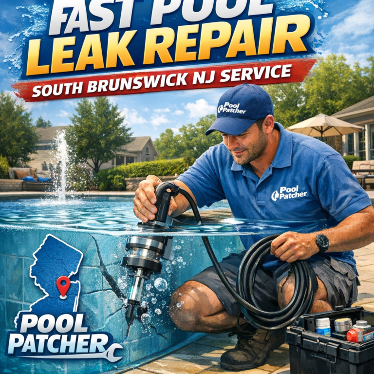 Technician repairing a pool leak with specialized equipment in a South Brunswick, NJ backyard pool.