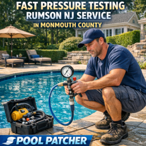 Professional pool technician using pressure testing equipment in Rumson, NJ, Monmouth County.