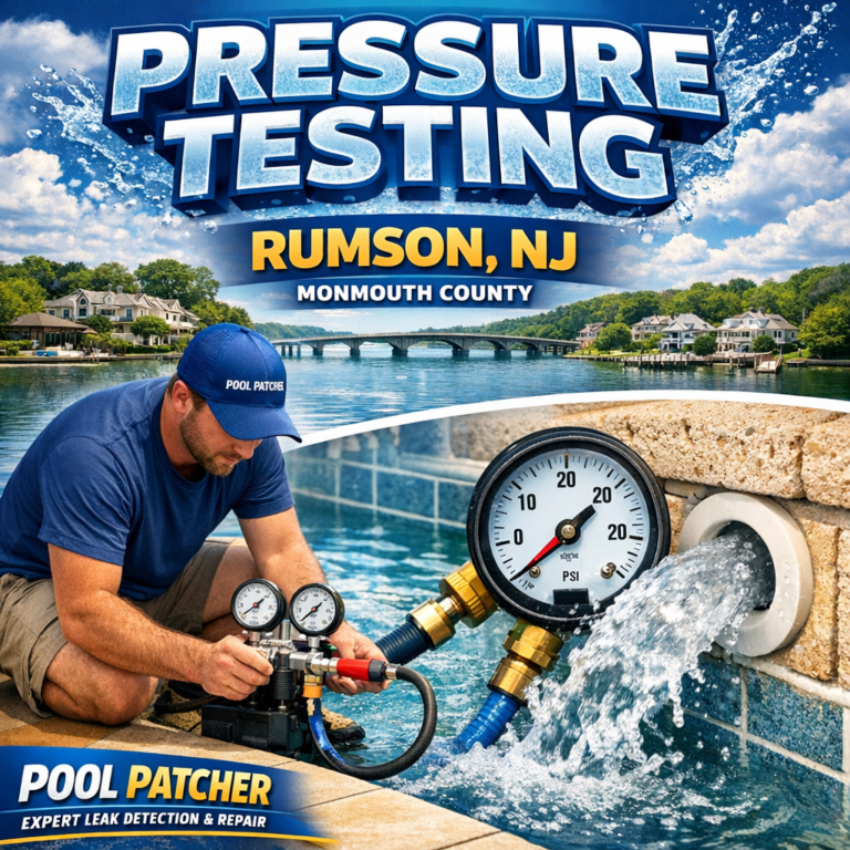 Technician performing fast pressure testing on a pool plumbing system in Rumson, NJ by Pool Patcher.