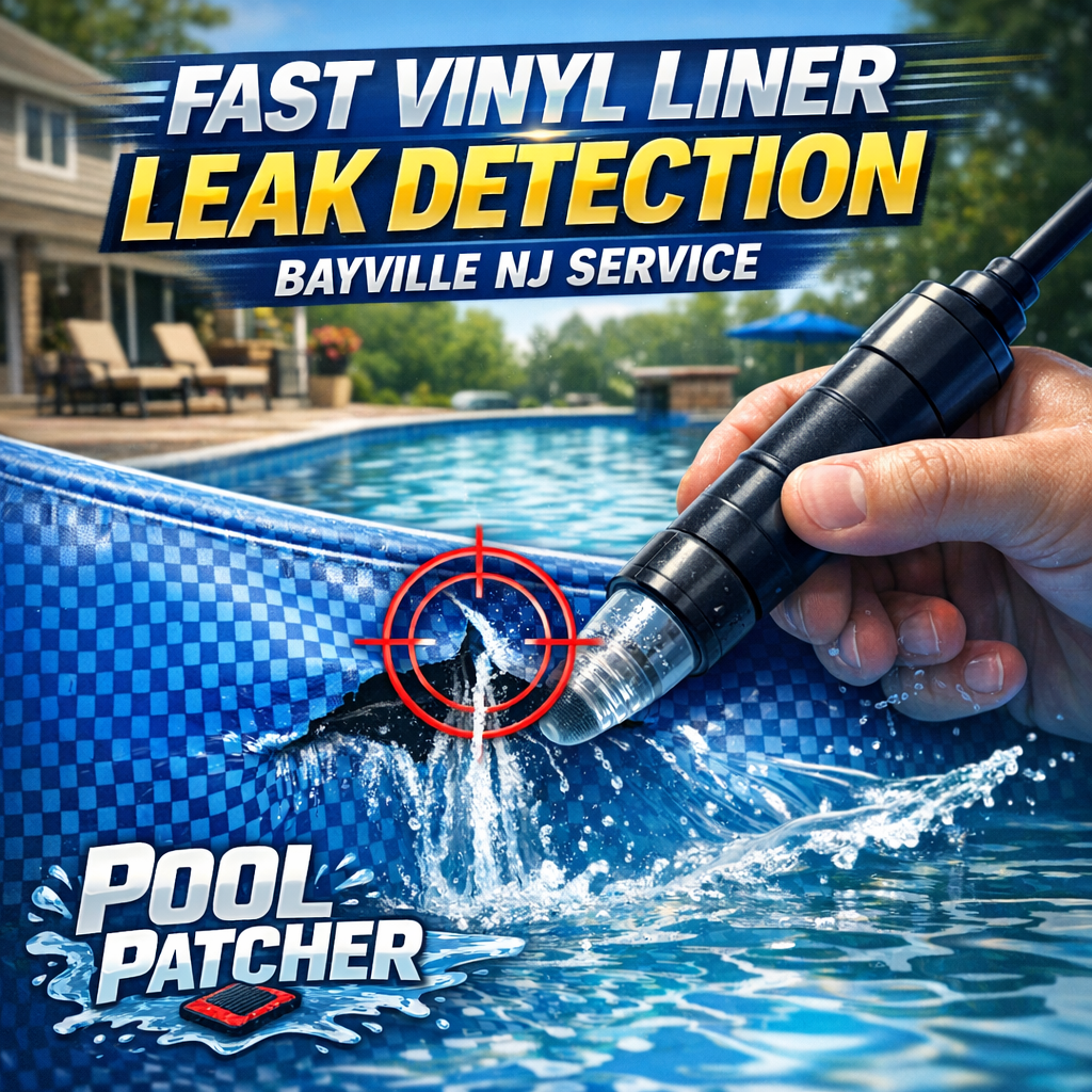 Technician inspecting a vinyl pool liner for leaks using specialized equipment in Bayville, NJ.