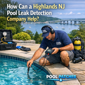 Technician using leak detection equipment while inspecting a residential pool in Highlands, NJ.