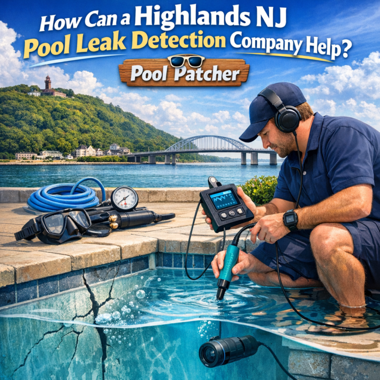 Technician using advanced equipment to detect a pool leak in a residential backyard in Highlands, NJ.