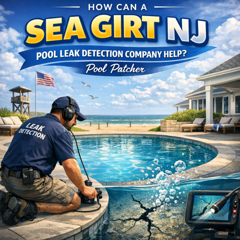 A technician using specialized equipment to detect leaks in a residential swimming pool in Sea Girt, NJ.