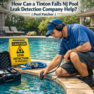 Technician using equipment to detect leaks in a residential backyard pool in Tinton Falls, NJ.