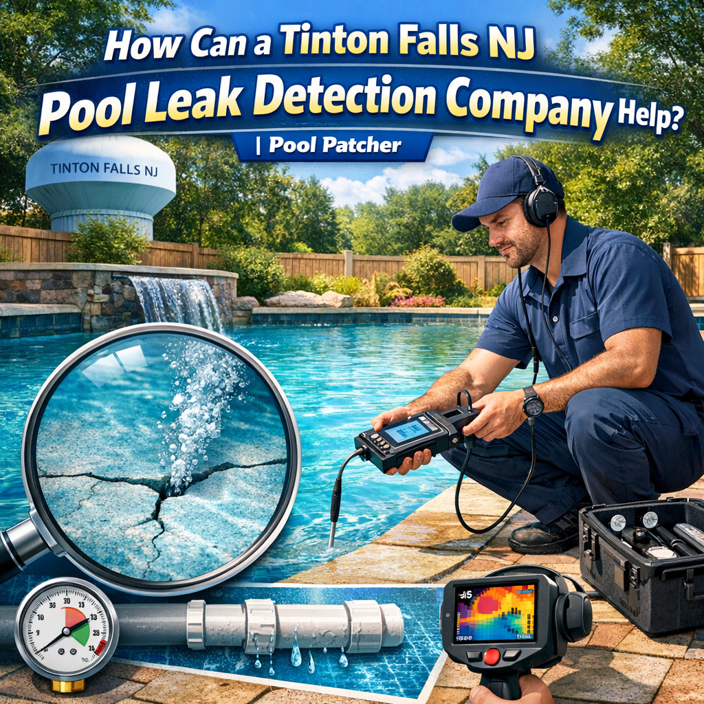 Technician using advanced electronic equipment to detect a pool leak in Tinton Falls, NJ backyard.