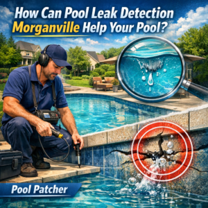 Technician using electronic equipment to detect a pool leak beneath clear blue water in a residential backyard.