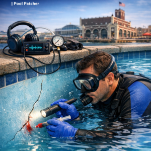 Professional pool technician repairing a crack in a swimming pool using leak detection tools.